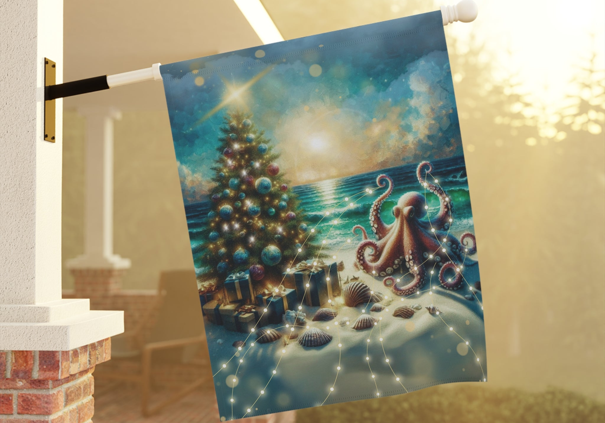 A flag hanging on a porch depicts a festive scene with a decorated Christmas tree, an octopus, seashells, and gifts by the ocean. The sun is setting in the background, casting a warm glow.