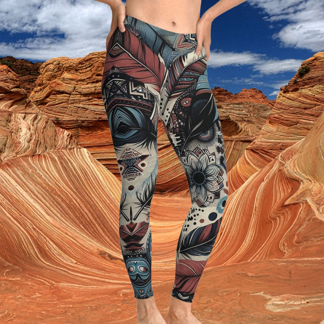 Two people wearing vibrant teal capri leggings featuring elaborate multicolored horse designs. The text at the bottom reads, "Radiant Stallion Capri Leggings urbansoulshine.com.