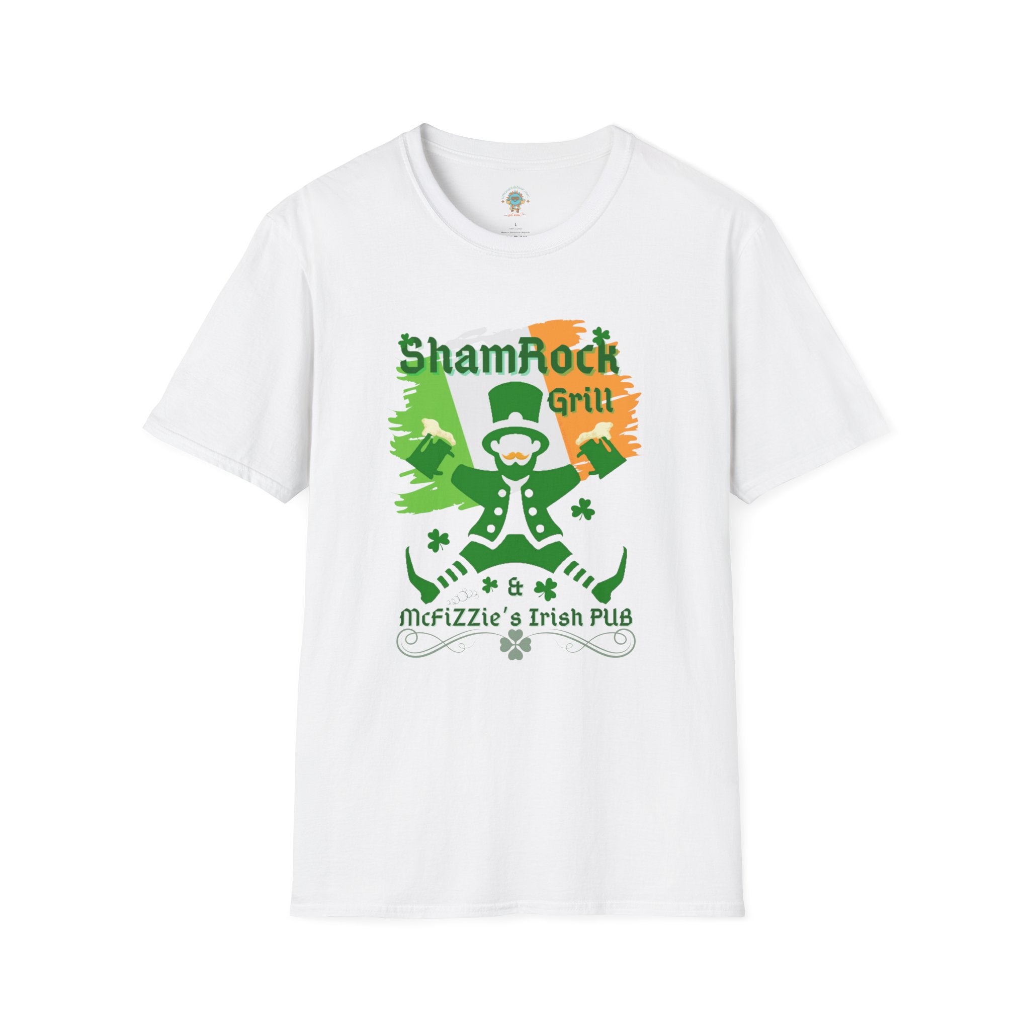 A man with curly hair and a beard sits in front of a bar counter, smiling. He's wearing a grey T-shirt with a colorful graphic of a leprechaun and text that reads "ShamRock Grill" and "McFizzle's Irish PUB" alongside a shamrock and musical notes. His Printify Shamrock Grill & McFizzie's Irish Pub SoftStyle Tee (Unisex) radiates soulshine, embodying the spirit of inspirational wear.