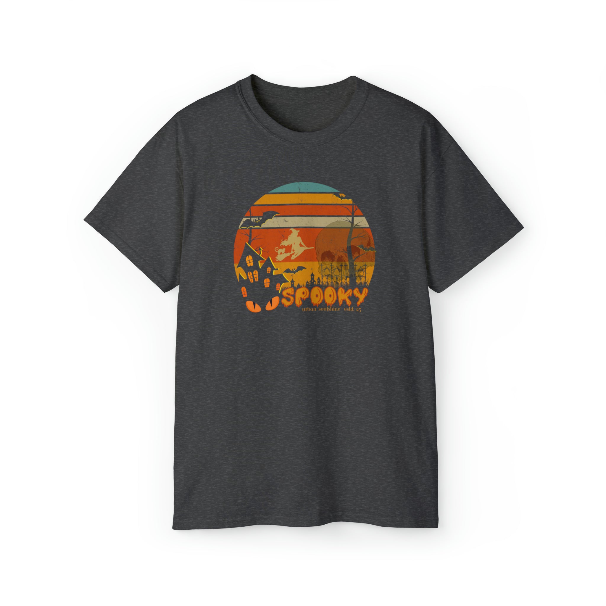 The Spooky Nights Halloween Ultra Cotton Tee (Unisex) by Urban SoulShine & co is a dark grey shirt highlighted with a round Halloween-themed graphic in the center. The design showcases an orange and yellow sunset, a haunted house, bats, trees, and graveyard silhouettes. Crafted from sustainable materials for a comfy fit, the word "SPOOKY" is inscribed at the bottom in orange letters.