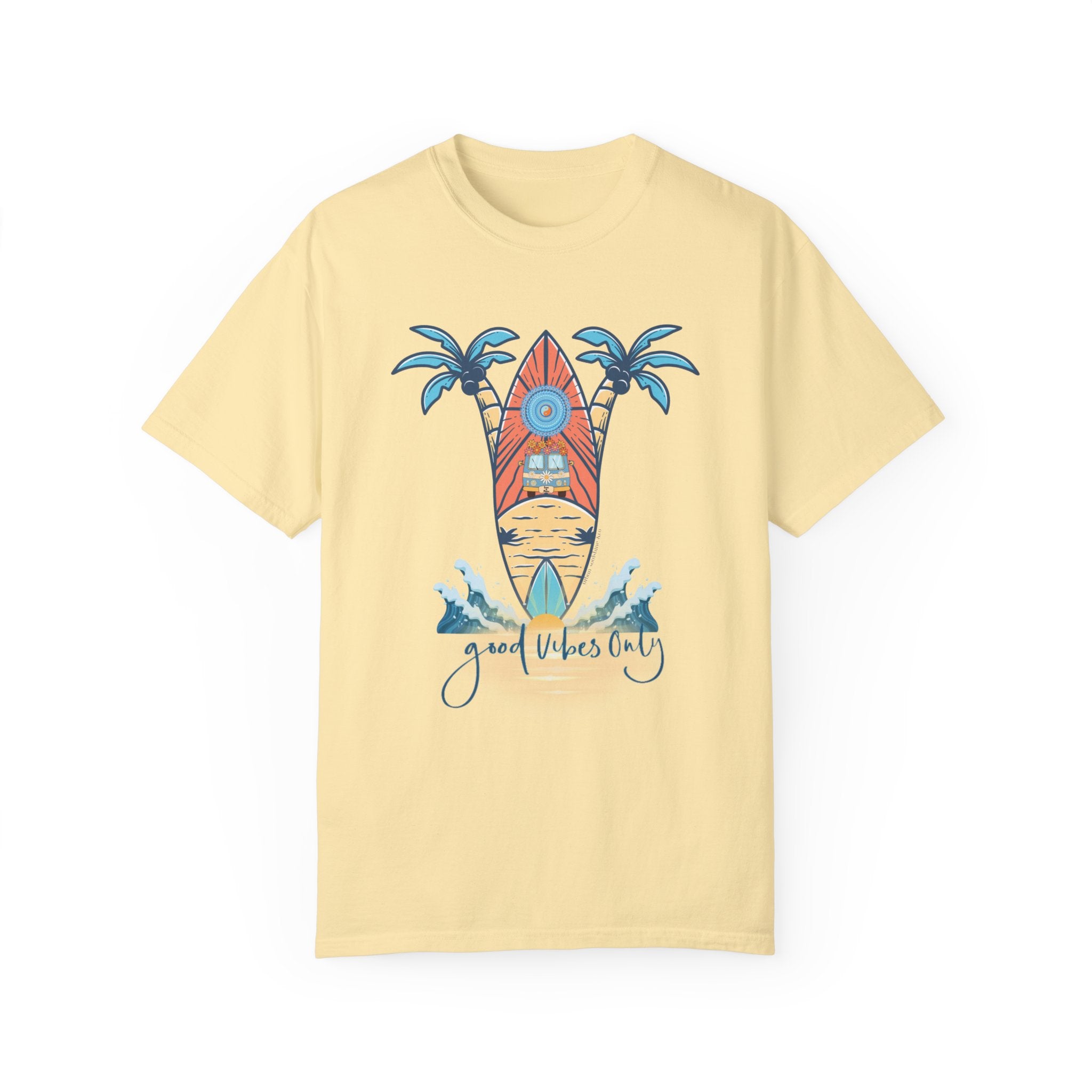 The Surf's Up! Good Vibes Only Tee (Unisex) from Printify is a light yellow t-shirt with a design featuring two blue palm trees, a red surfboard, and blue waves. Below the surfboard, the text "good vibes only" is written in a casual script font. Perfect to express yourself and dare to inspire others.