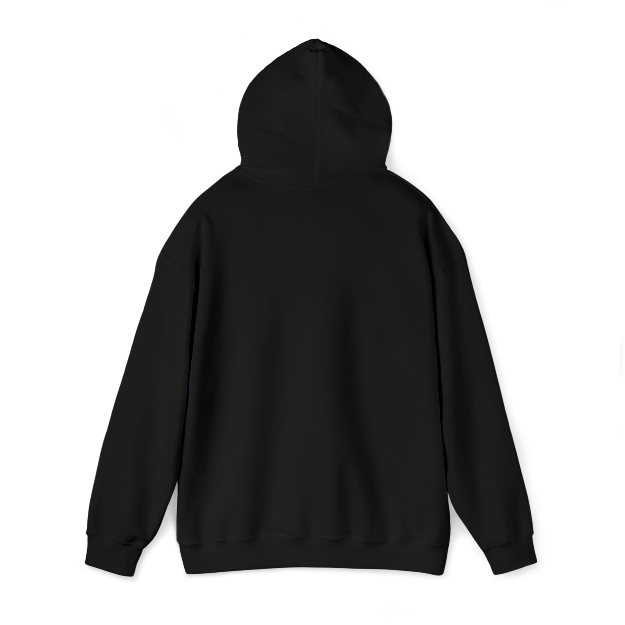 The image shows the back view of a plain black pullover hoodie. This simple yet versatile design, with a pouch pocket and drawstring hood, offers an ideal canvas to express yourself. The long sleeves and soft fabric make the Stay Spooky Funky Faces Halloween Hoodie (unisex) by Printify a cozy choice.