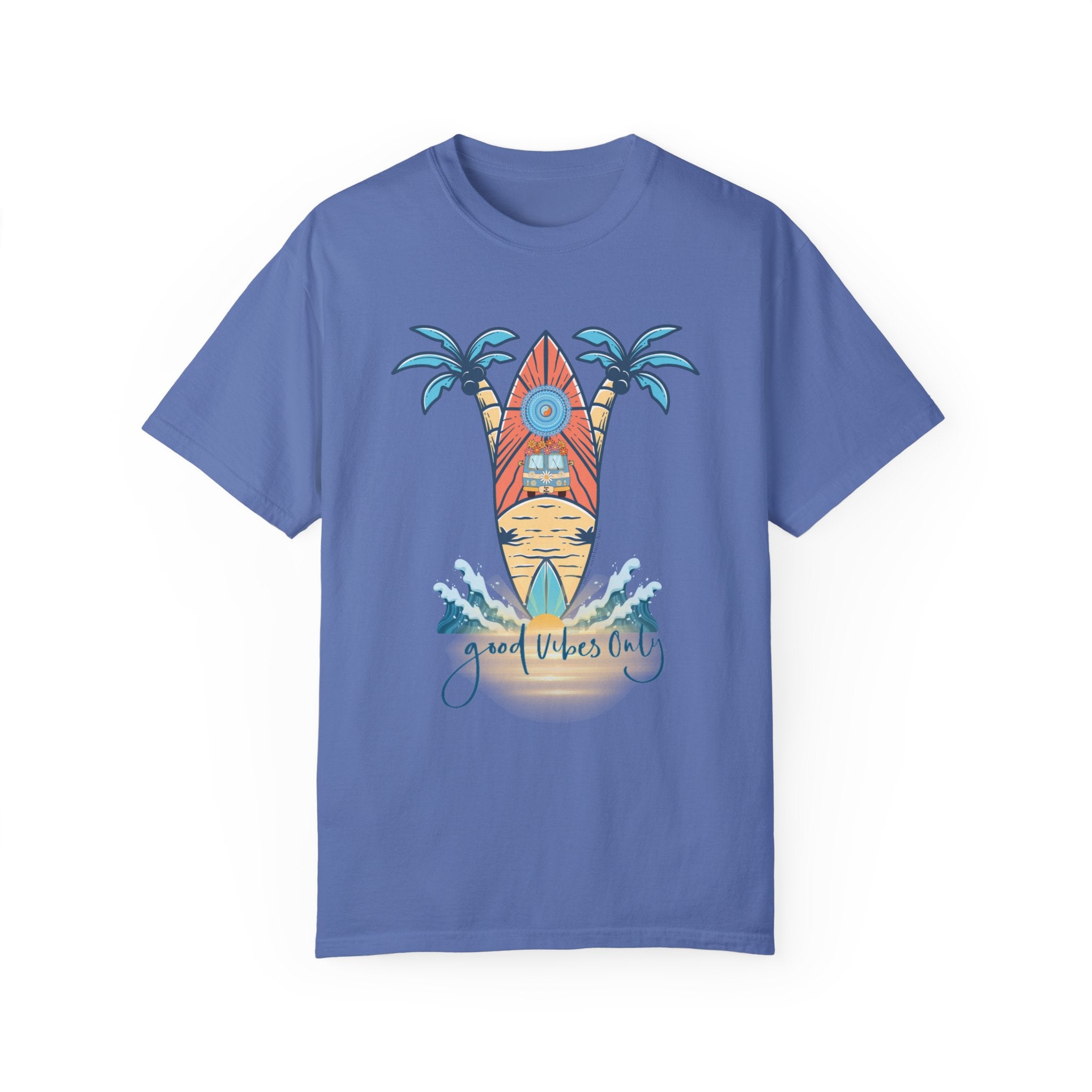 A blue T-shirt showcasing a surfboard standing upright between two palm trees with blue leaves. The scene captures a beach with ocean waves at the bottom, and the phrase "good vibes only" written below. This piece of inspirational wear, the Surf's Up! Good Vibes Only Tee (Unisex) from Printify, embodies artistic expression perfectly.