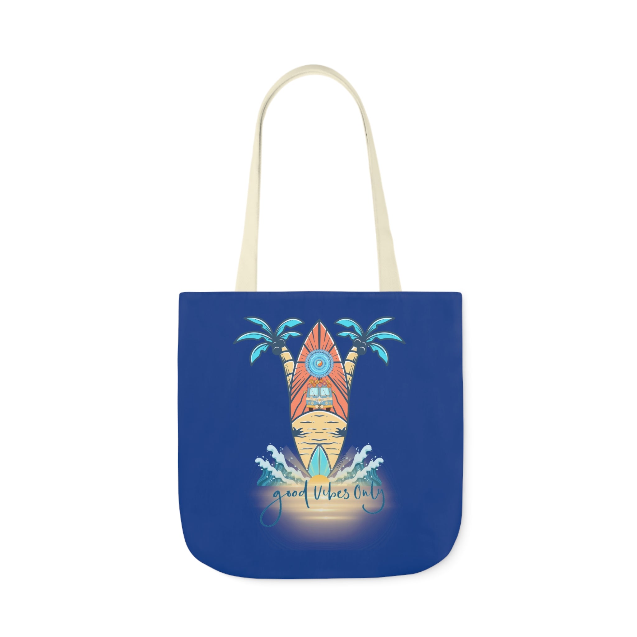 The Surf's Up Good Vibes Only Beach Tote by Printify features a beach scene illustration. The design includes a surfboard, two palm trees, and waves, with the text "good vibes only" written at the bottom. This tote embodies artistic expression and encourages you to express yourself freely.