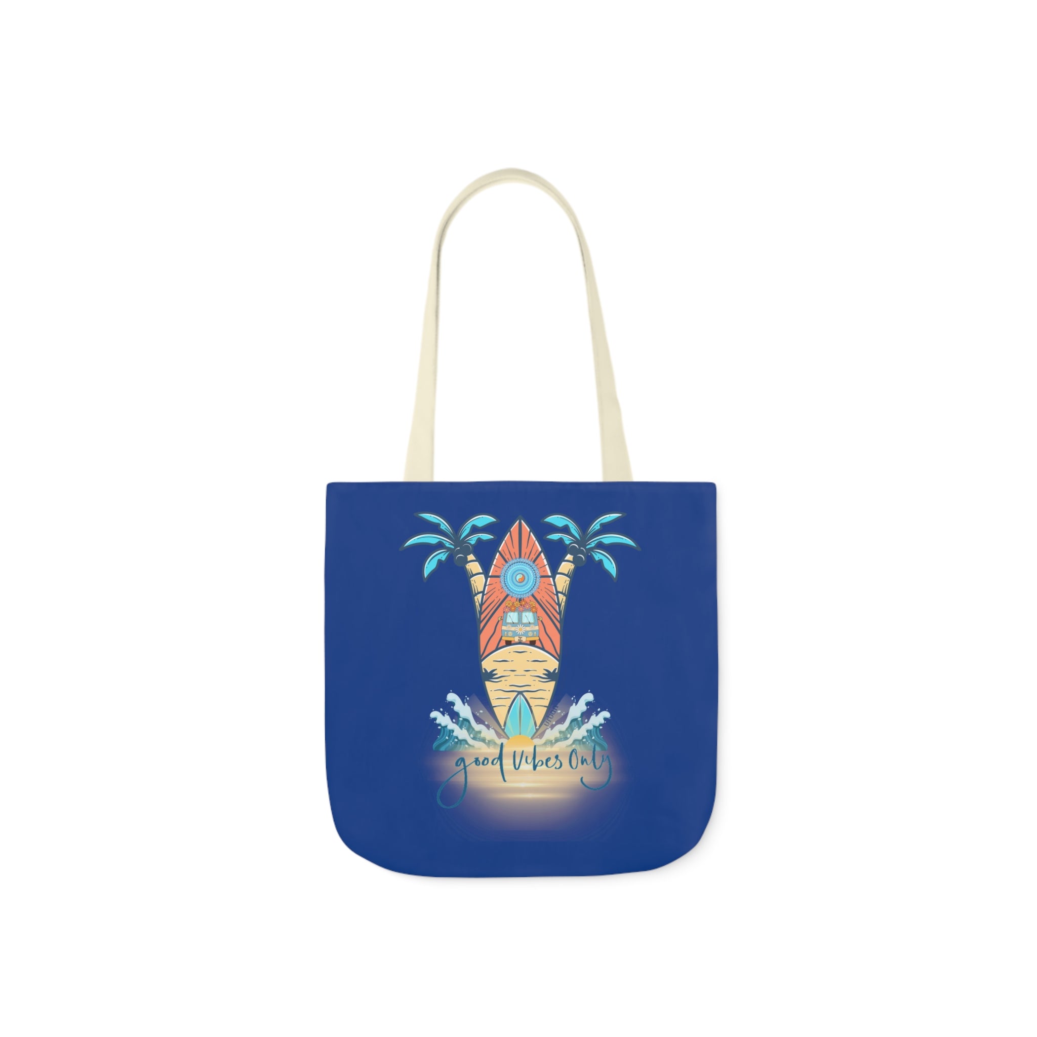 A blue tote bag with a beige handle features a design of a surfboard with a beach shack on it. Two palm trees stand behind the surfboard, while waves are at the base. The text "Good Vibes Only" is printed below the image, encouraging you to express yourself. This is the Surf's Up Good Vibes Only Beach Tote by Printify.