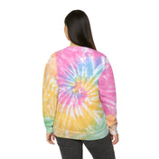 A Surf's Up Good Vibes Only Tie-Dye Sweatshirt (unisex) with pastel rainbow colors is displayed on a hanger. The sweatshirt showcases a surfboard design with palm trees and a sunset, along with the text "Good Vibes Only." Green tropical leaves surround the image. www.urbansoulshine.com and "Down By The Sea Collection" appear at the bottom, inviting you to express yourself through artistic expression. Brand: Printify