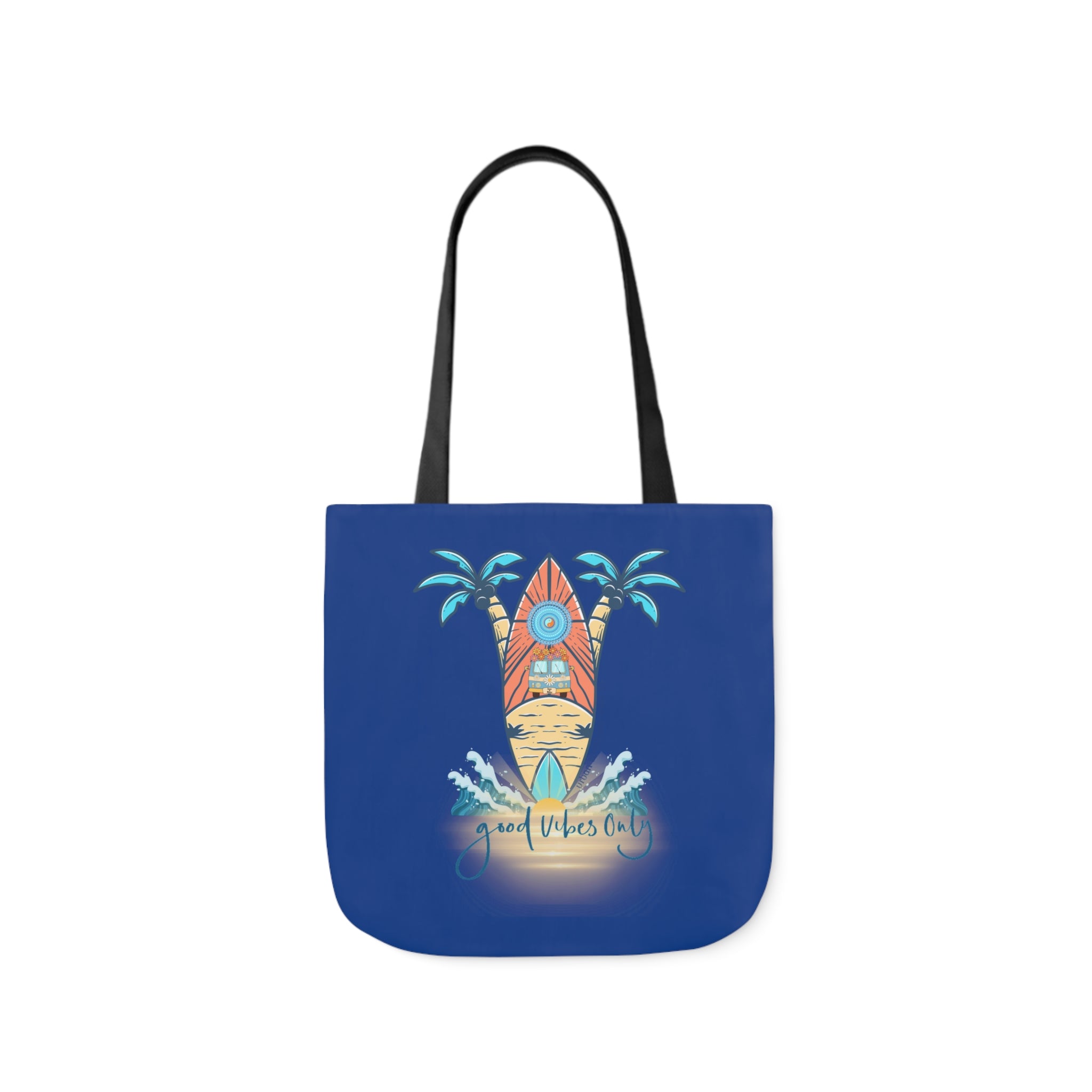 The Surf's Up Good Vibes Only Beach Tote by Urban SoulShine & co features an illustration of a surfboard leaning against two palm trees with ocean waves splashing at the bottom. The phrase "Good Vibes Only" is written beneath the scene in stylized font. This lightweight tote bag has comfortable black straps.