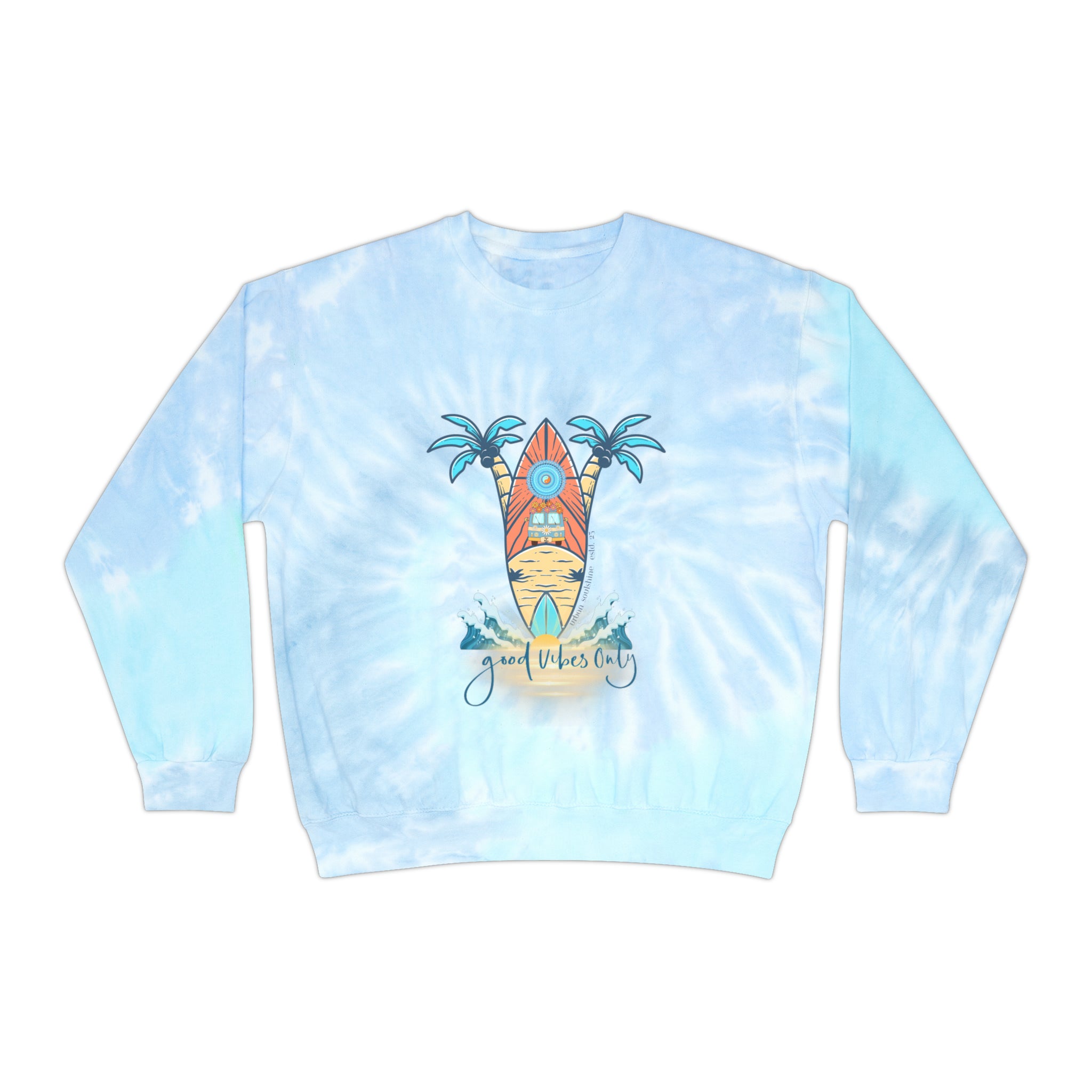 The Surf's Up Good Vibes Only Tie-Dye Sweatshirt (unisex) from Urban SoulShine & co is a light blue, hand-dyed tie-dye sweatshirt featuring a colorful graphic of a surfboard between two palm trees on a beach, with the text "Good Vibes Only" written below. Made from pre-shrunk PFD cotton for lasting comfort and fit.