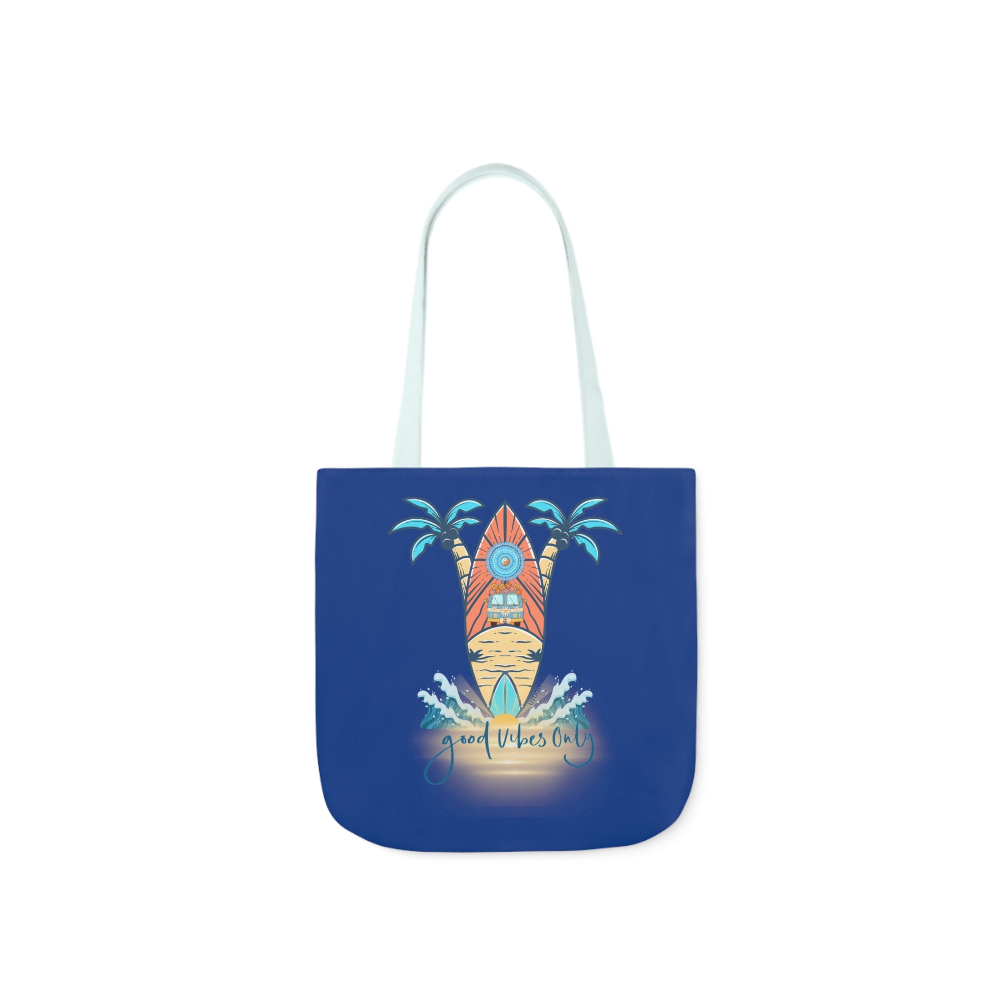 A blue Printify Surf's Up Good Vibes Only Beach Tote with a graphic design featuring a surfboard leaning against palm trees. Waves are splashing below, and the text "Good Vibes Only" is written at the bottom. The handles of the bag are white, ready to help you express yourself and carry your soulshine everywhere.