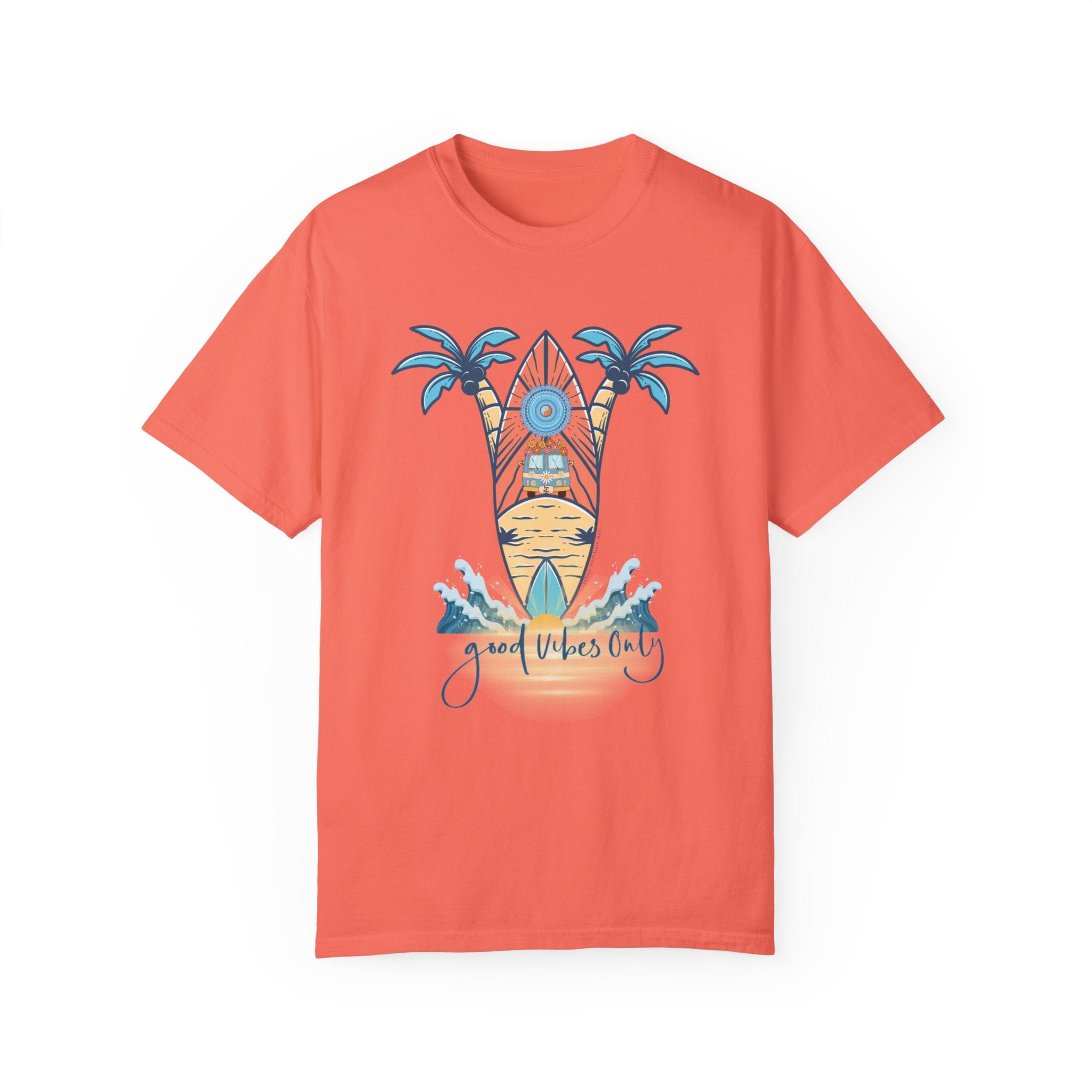 A coral-colored T-shirt featuring a graphic design of a surfboard with a sun setting behind it, flanked by two palm trees. Waves crash on each side of the surfboard, and the text "Good Vibes Only" is written below the image, making it perfect for those who love inspirational wear and artistic expression. Get your hands on the Printify Surf's Up! Good Vibes Only Tee (Unisex).