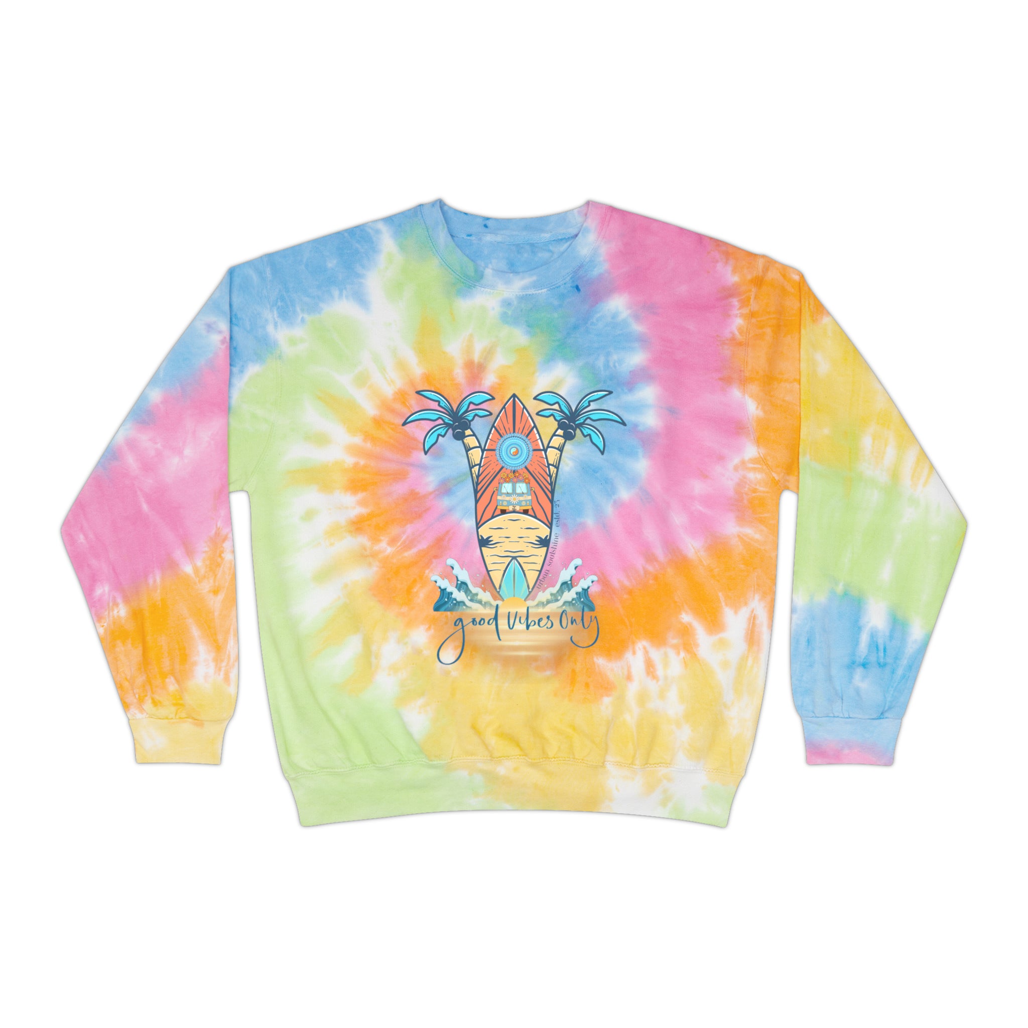 The Urban SoulShine & co Surf's Up Good Vibes Only Tie-Dye Sweatshirt (unisex) features a hand-dyed mix of pink, yellow, blue, and green colors. The center has a graphic of a surfboard with palm trees and the text "Good Vibes Only." Made from pre-shrunk PFD cotton, the sweatshirt has long sleeves, a round neck, and ribbed cuffs.