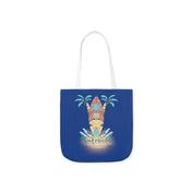 A blue tote bag with white handles featuring an illustration of a van with a surfboard on top, parked on a beach with palm trees and ocean waves. The text "Good Vibes Only" is written below the illustration, inviting you to express yourself in style. Introducing the Surf's Up Good Vibes Only Beach Tote by Printify!