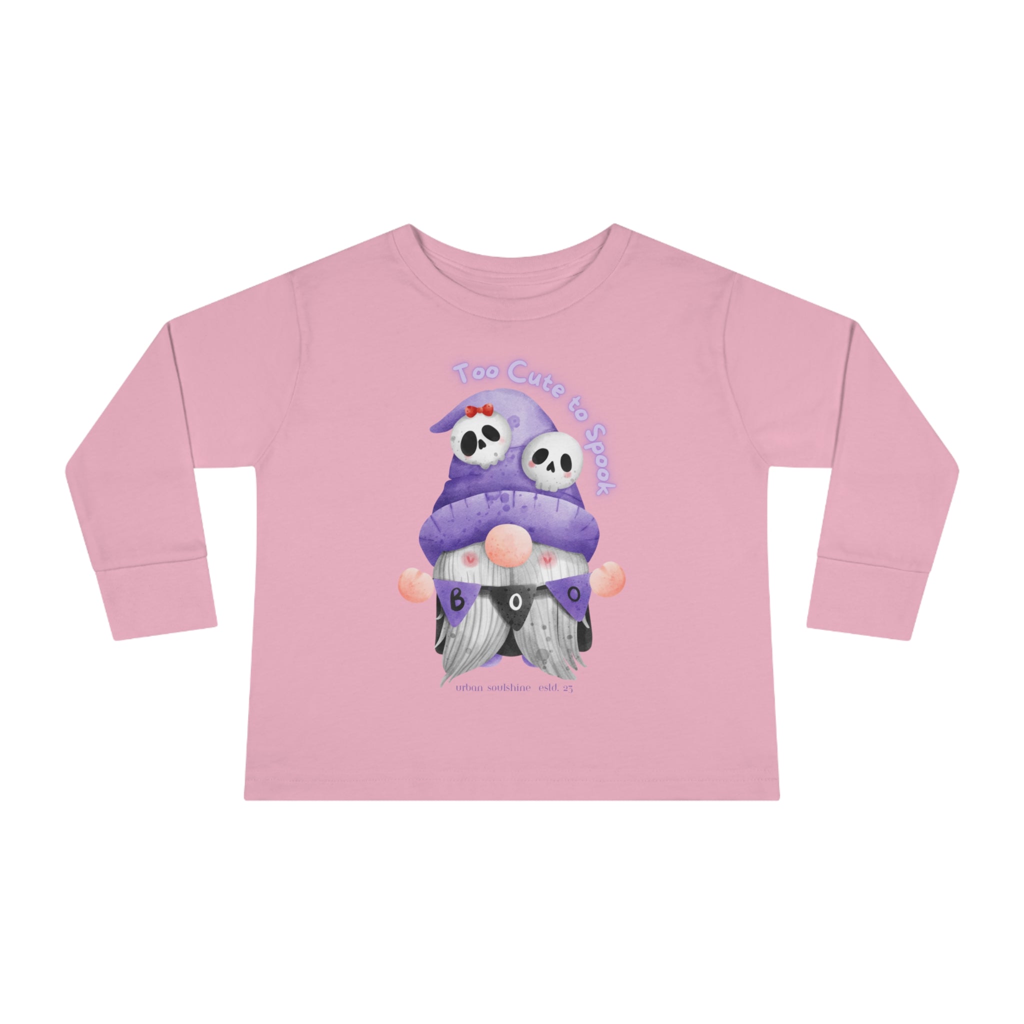 A pink long-sleeve toddler shirt features a design with two owls dressed in Halloween costumes. The top owl wears a ghost costume, and the bottom owl wears a bat costume. The text above reads, "Too Cute to Spook." This Printify Too Cute To Spook Halloween Toddler Long Sleeve Tee (unisex Tot) has a simple and playful Halloween theme.