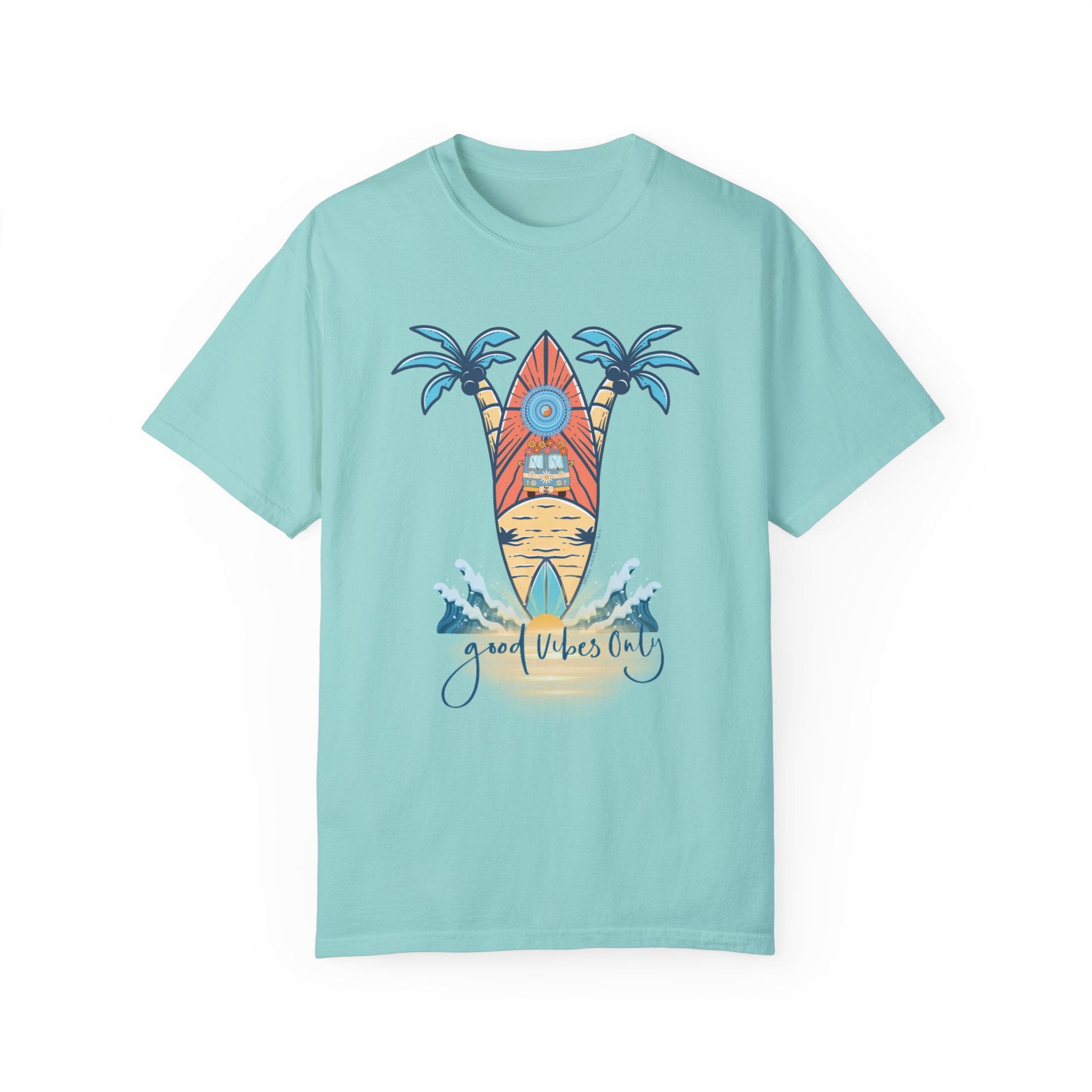 A Printify Surf's Up! Good Vibes Only Tee (Unisex) featuring a graphic design with a surfboard between two palm trees and ocean waves at the bottom. The text "good vibes only" is written below the surfboard in a casual font, capturing an essence of soulshine and artistic expression.