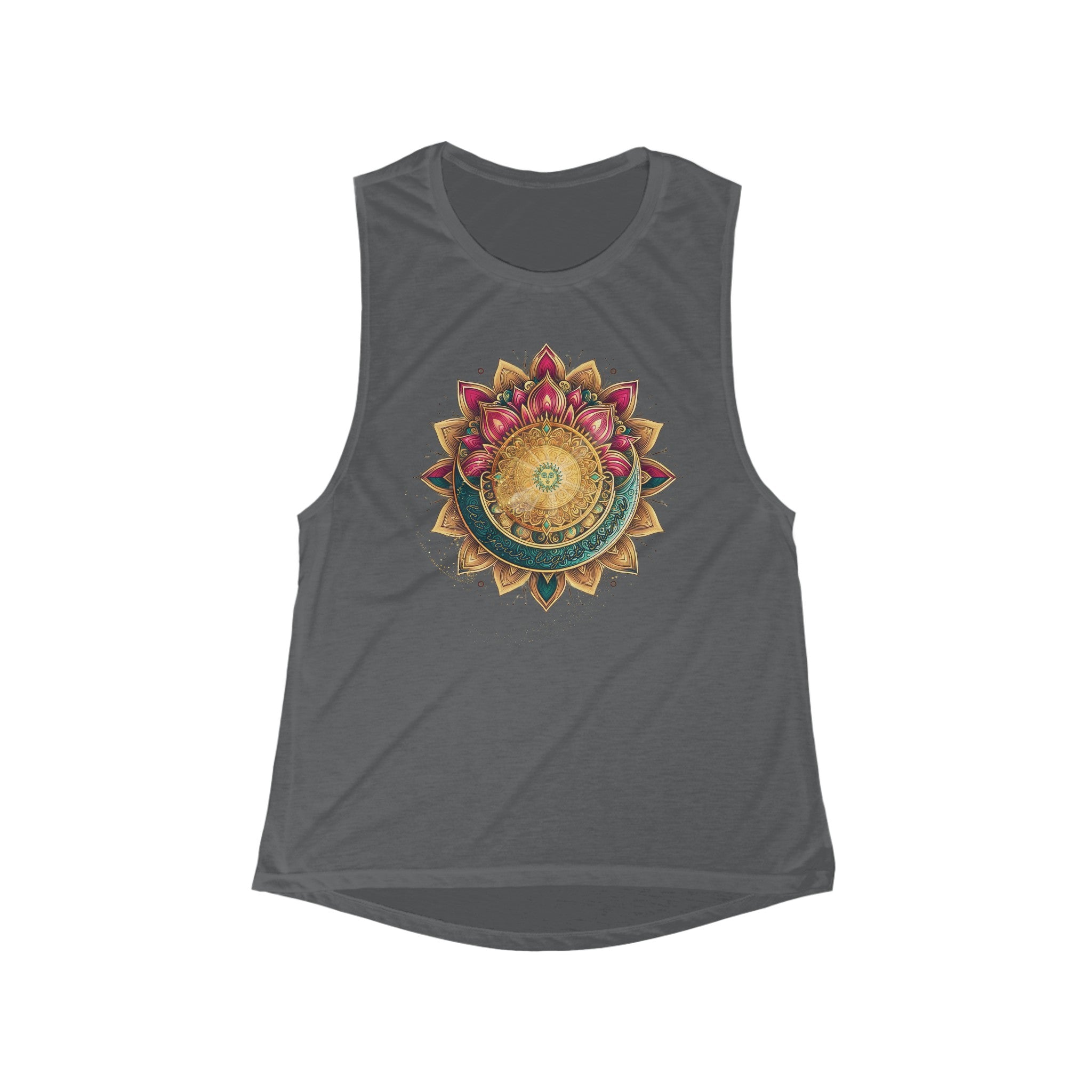 A black sleeveless tank top featuring a detailed, colorful mandala design in the center. The mandala includes intricate patterns with shades of gold, pink, blue, and green, forming symmetrical shapes radiating outwards. Express yourself with the Printify SunShine Mandala Flowy Muscle Tank!