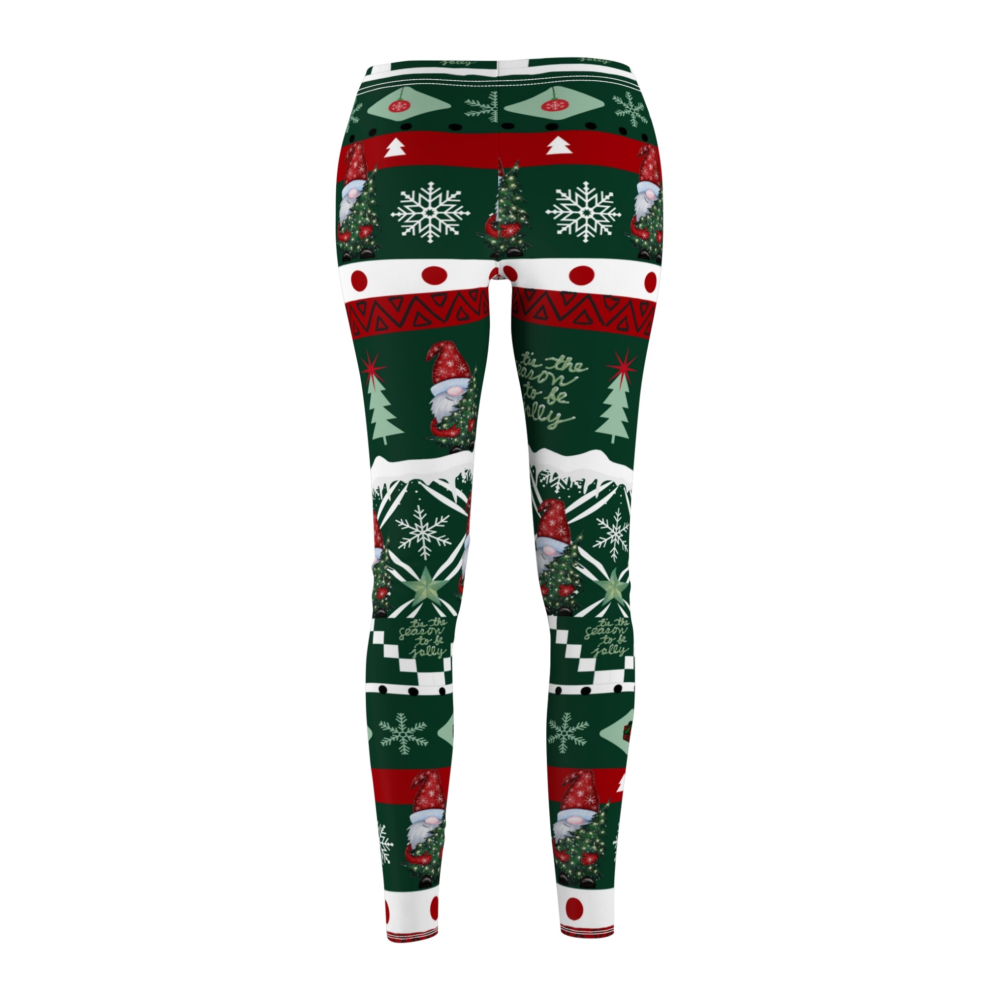 Back view of "Tis' the Season To Be Jolly Gnome SuperSoft Casual Leggings" by Urban SoulShine & co, showcasing a Christmas-themed pattern adorned with snowflakes, gnomes, Christmas trees, and ornaments in red, green, and white hues—evocative of an ugly Christmas sweater.