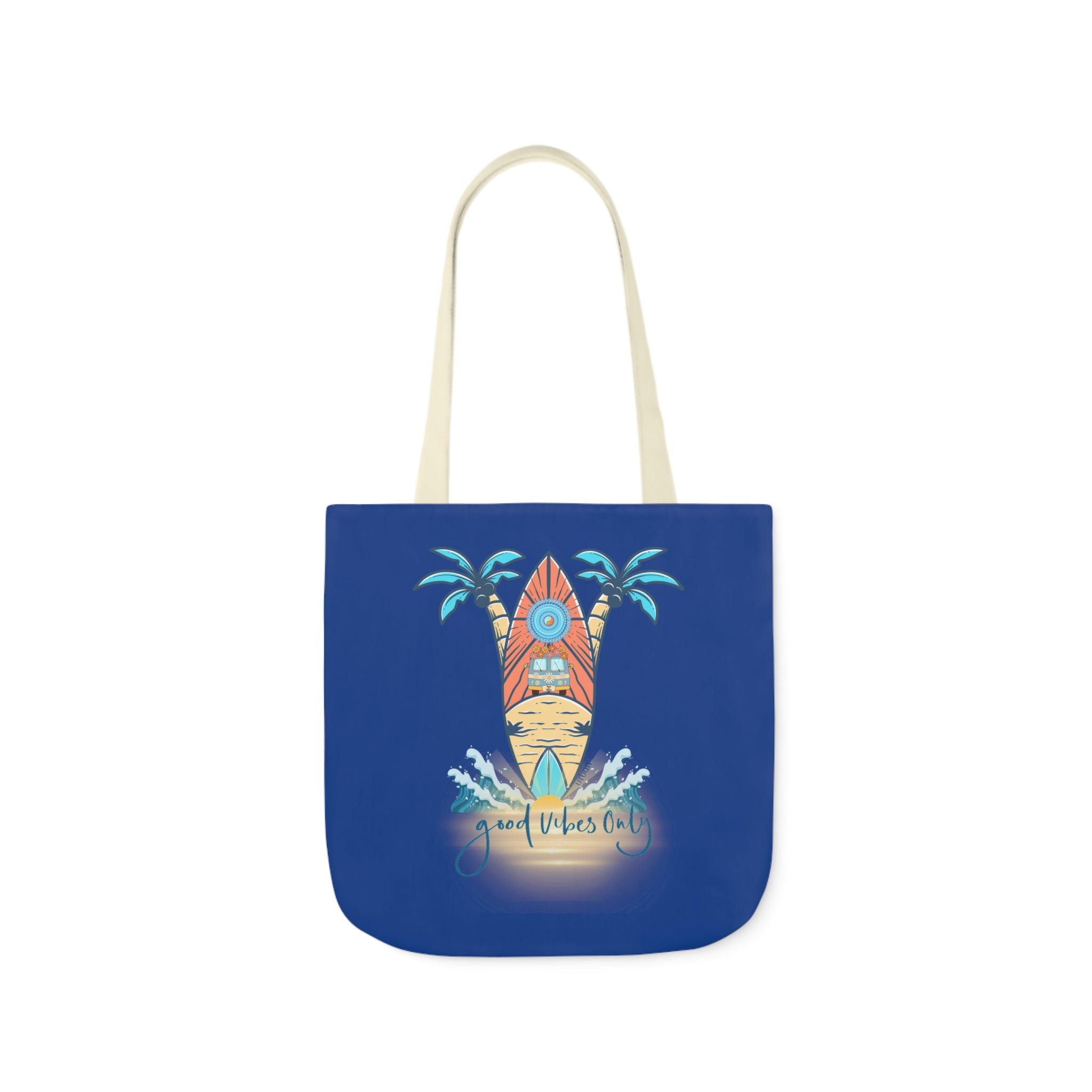 The Surf's Up Good Vibes Only Beach Tote by Printify showcases a colorful surfboard surrounded by two palm trees and waves, evoking artistic expression. The phrase "Good Vibes Only" is written at the bottom in a stylish script. The bag has beige handles.