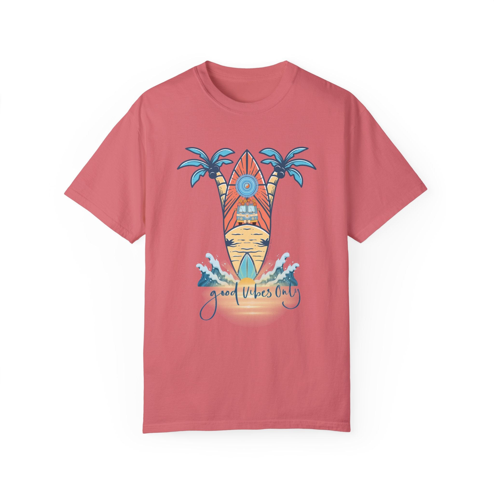 A Printify Surf's Up! Good Vibes Only Tee (Unisex) featuring a graphic of a surfboard with a sun setting in the background. It also shows two palm trees on either side of the surfboard and ocean waves at the bottom. The text "Good Vibes Only" is written below the design, making it an ideal piece of inspirational wear to express yourself.