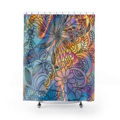 Introducing the Spring Mandala Custom Shower Curtain by Urban SoulShine & Co, showcasing an original design with a colorful abstract floral and butterfly pattern. Crafted from durable polyester, its swirling lines and mix of blue, orange, and purple hues give it a dynamic and lively appearance.