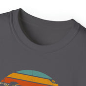 Close-up of a gray Spooky Nights Halloween Ultra Cotton Tee (Unisex) by Printify showing a rainbow-colored, semi-circle graphic printed near the collar. The graphic features five stripes in descending order of red, orange, yellow, teal, and dark blue. This inspirational wear emphasizes the collar and chest area of the t-shirt.