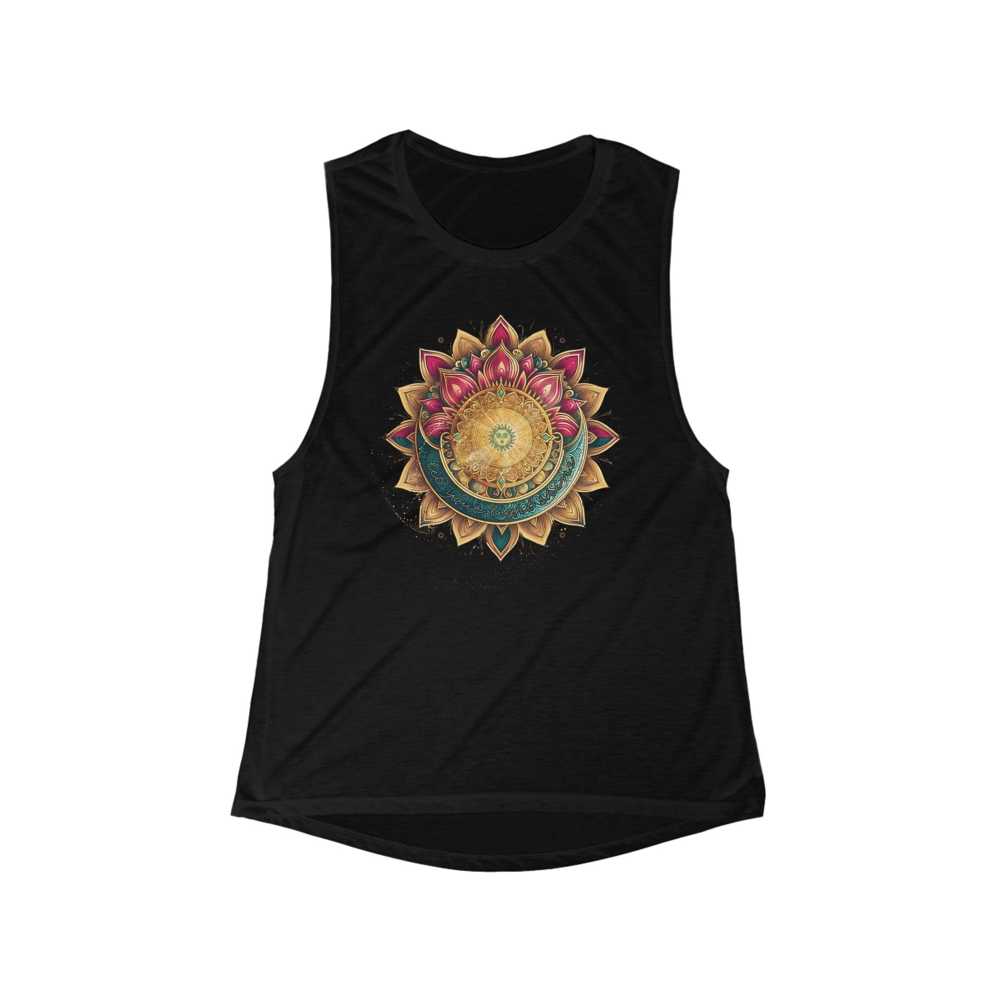 A black sleeveless tank top featuring a detailed, colorful mandala design in the center. The mandala includes intricate patterns with shades of gold, pink, blue, and green, forming symmetrical shapes radiating outwards. Express yourself with the Printify SunShine Mandala Flowy Muscle Tank!