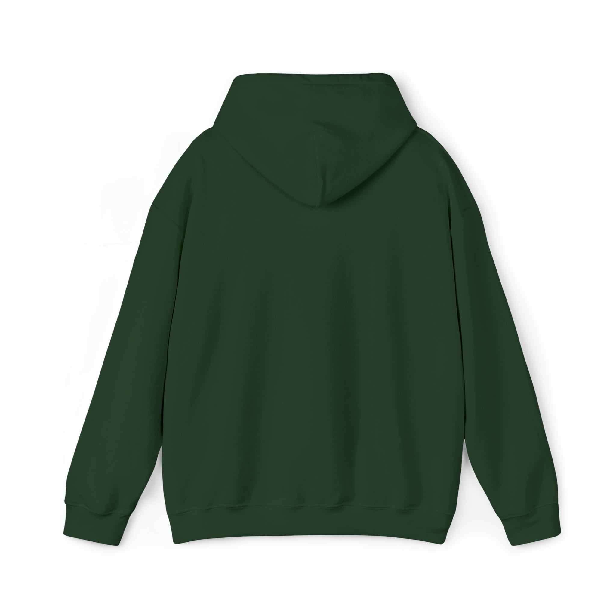 A dark green Stay Spooky Funky Faces Halloween Hoodie (unisex) by Printify seen from the back. The hoodie has a plain design with no visible logos, patterns, or text, allowing for pure artistic expression. The hood is positioned upright, and the sleeves are long. The background is white.