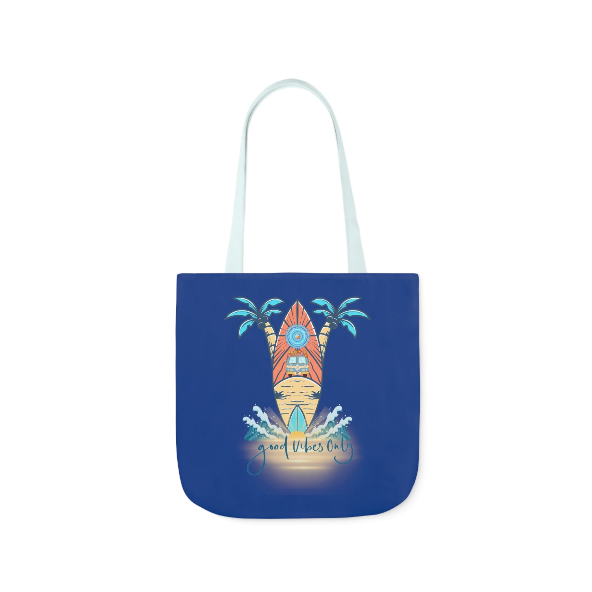 A blue tote bag with light blue handles featuring a design of a surfboard between two palm trees with waves at the bottom. The text "Good Vibes Only" is written below the surfboard in a script font, making it an ideal piece of inspirational wear. Introducing the Surf's Up Good Vibes Only Beach Tote by Printify.