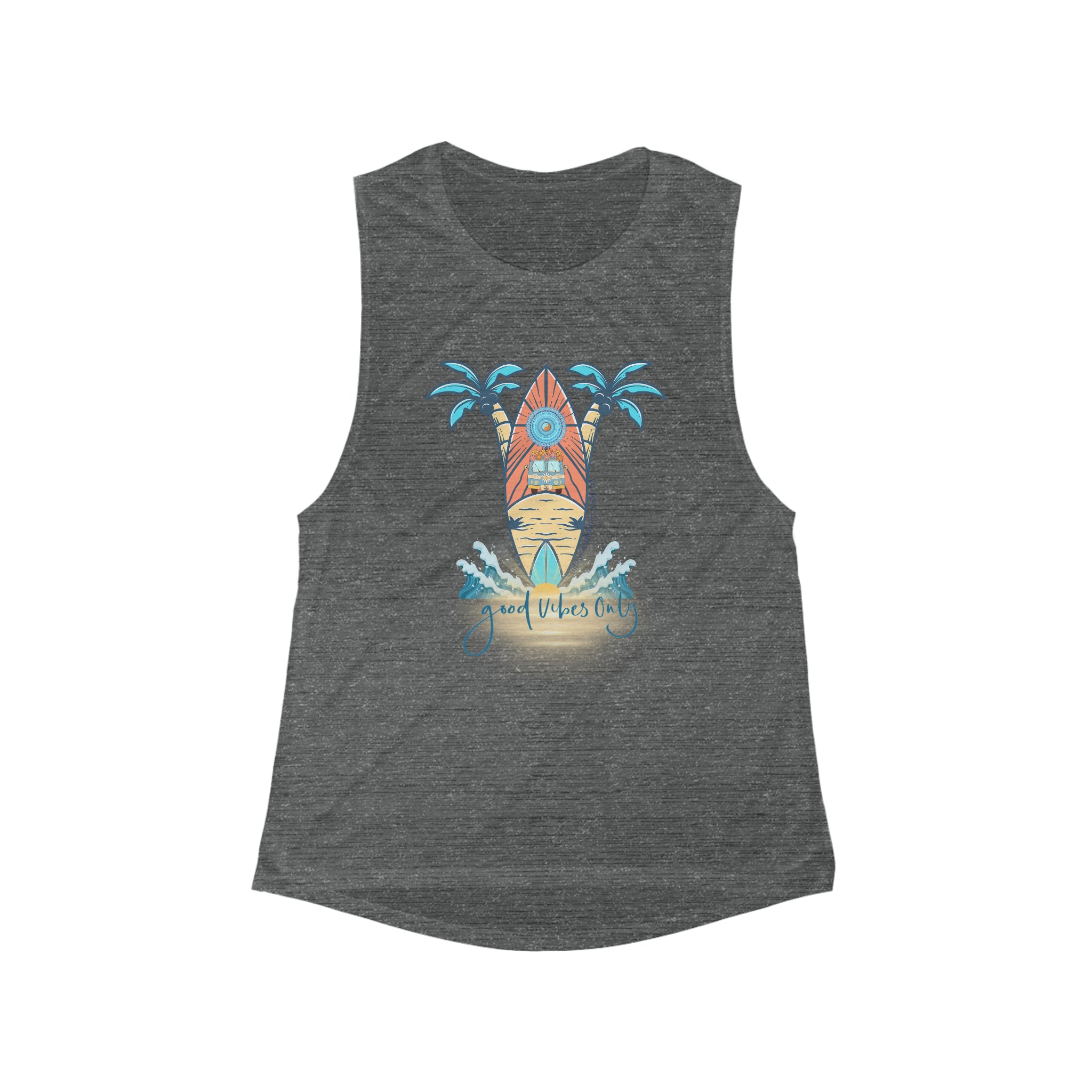 A Printify Surf's Up With Good Vibes Only Women's Flowy Scoop Muscle Tank featuring a surfboard graphic with palm trees and waves. The text on the shirt reads, "Good Vibes Only." This inspirational wear looks soft and comfortable, perfect for those who love to express themselves.