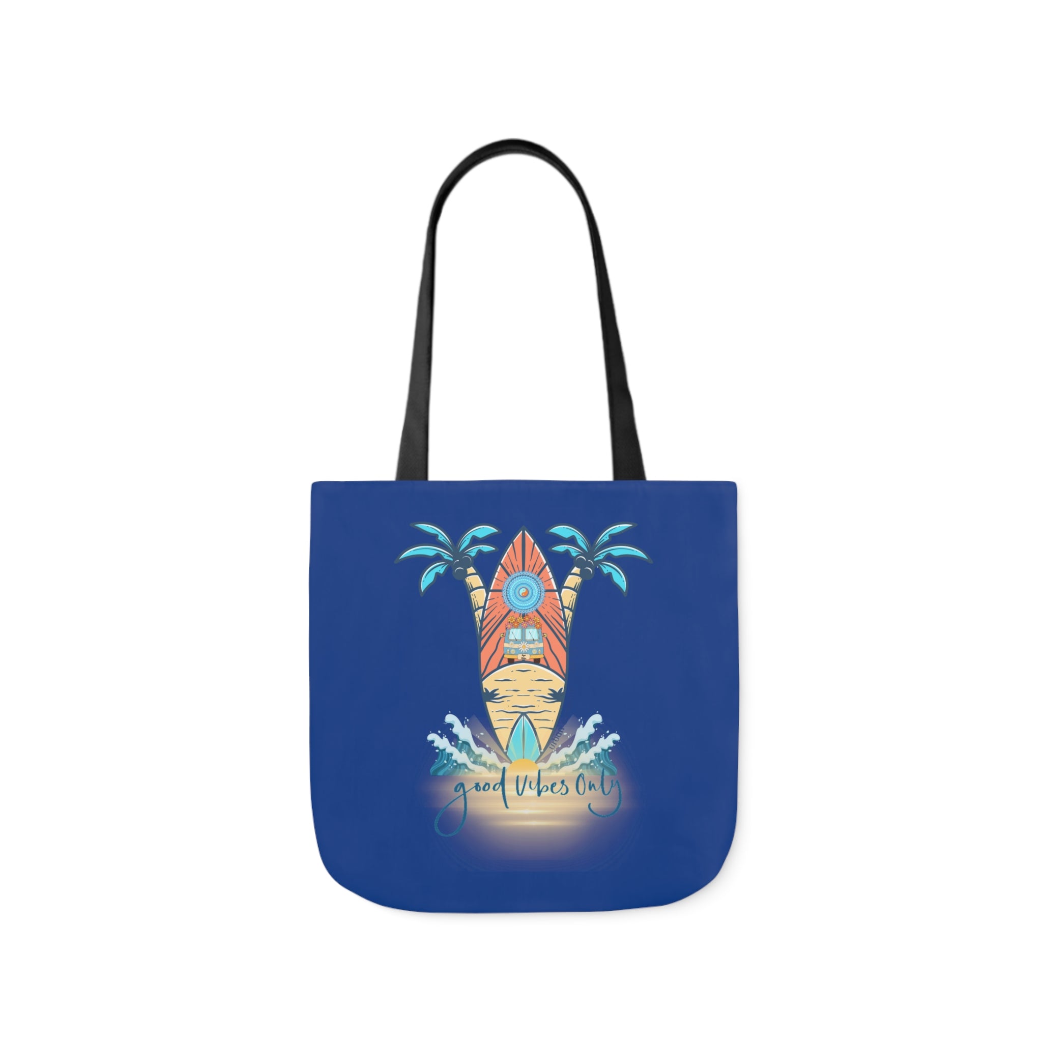 Introducing the Surf's Up Good Vibes Only Beach Tote by Printify: a blue tote bag featuring an illustration of a surfboard with tribal designs, surrounded by palm trees and ocean waves. The bottom of the design includes the text "Good Vibes Only." This artistic expression piece has black handles and encourages you to dare to inspire.