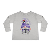 This light gray, long-sleeved toddler shirt showcases an artistic expression with two gnomes in purple and black Halloween costumes, each wearing hats with skulls. The text above reads "Too Cute to Spook" and below reads "BOO," surrounded by pink and purple bubbles. This is the **Printify Too Cute To Spook Halloween Toddler Long Sleeve Tee (unisex Tot)**.