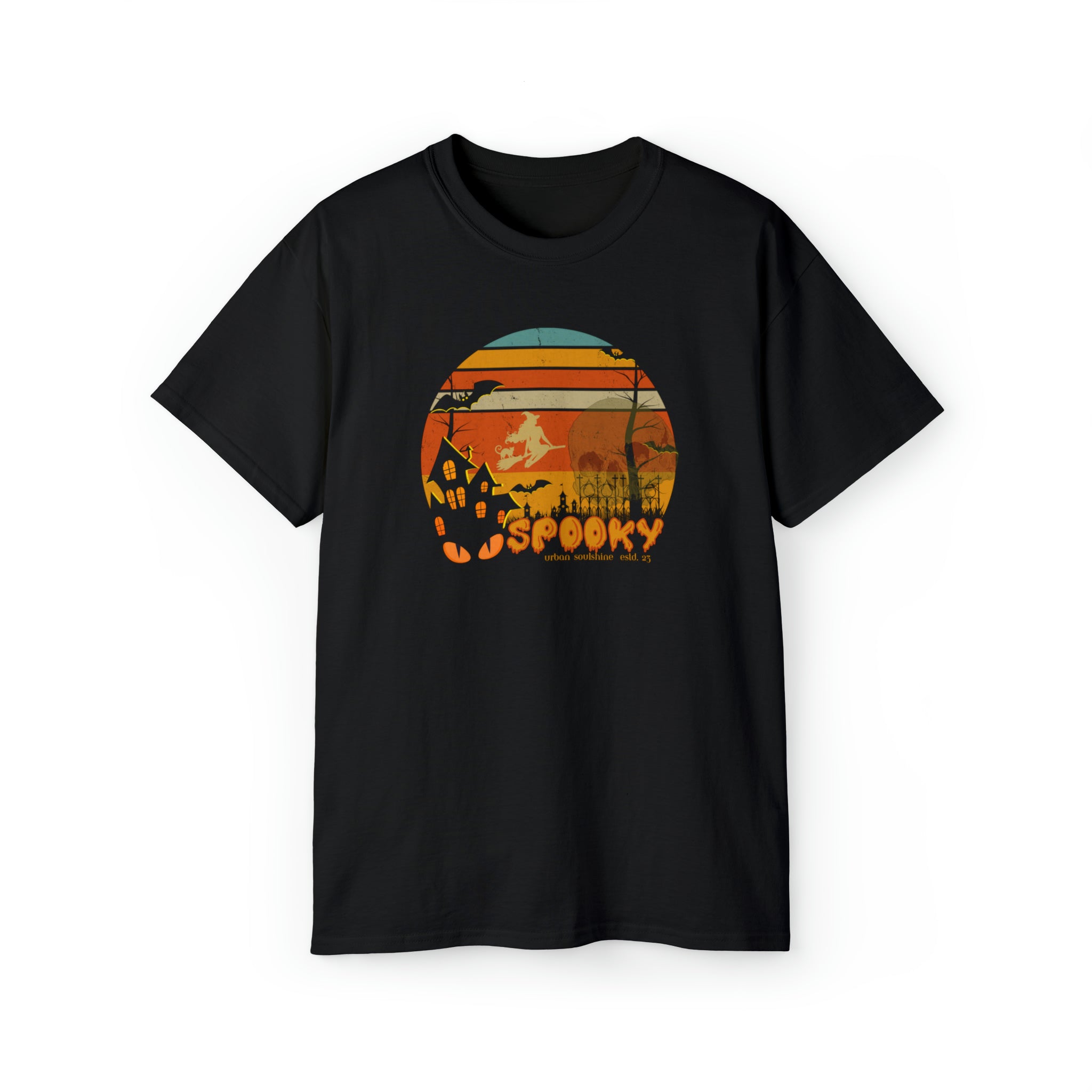 The Spooky Nights Halloween Ultra Cotton Tee (Unisex) by Urban SoulShine & co is a dark grey shirt highlighted with a round Halloween-themed graphic in the center. The design showcases an orange and yellow sunset, a haunted house, bats, trees, and graveyard silhouettes. Crafted from sustainable materials for a comfy fit, the word "SPOOKY" is inscribed at the bottom in orange letters.