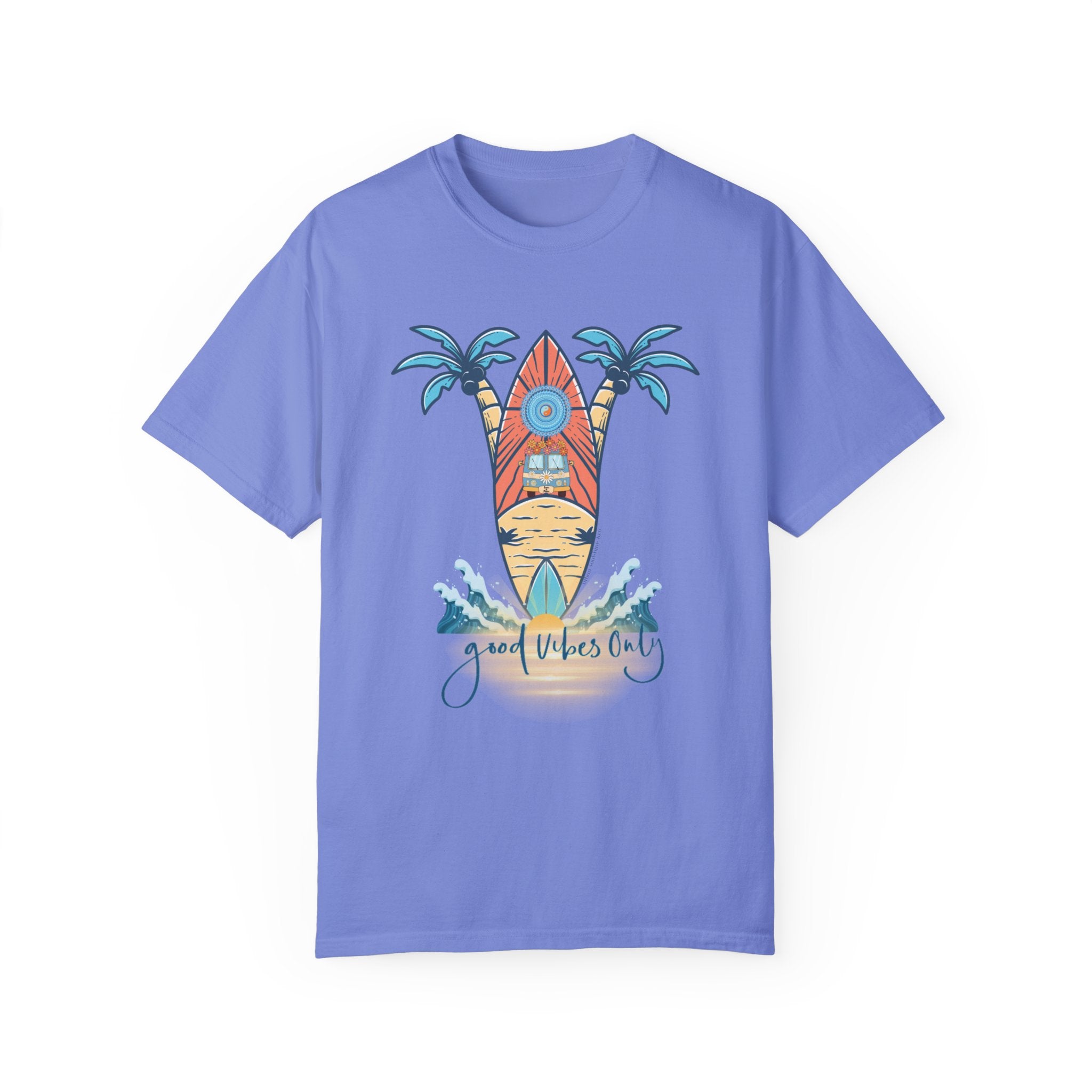 Sure! Here is the revised sentence with the product name and brand name included:

The Surf's Up! Good Vibes Only Tee (Unisex) by Printify is a light blue T-shirt featuring a graphic of a surfboard with a sun in the background and two palm trees on either side. Below the surfboard, waves accentuate the phrase "Good Vibes Only" written in cursive, perfect for those looking to express yourself through artistic expression.