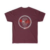 A maroon Serpent Splatter Skull Tee (unisex) by Urban SoulShine & co featuring an intricate design on the back. The design includes a circular Celtic knot pattern with a skull at the center, accented by red splatters and light beam lines. This sustainably sourced T-shirt has short sleeves and a crew neckline.