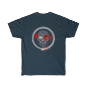 A dark blue unisex ultra cotton tee featuring a circular design on the back. The detailed snake eating its tail with a skull in the center is highlighted by red splashes. This sustainably sourced Serpent Splatter Skull Tee (unisex) by Urban SoulShine & co has short sleeves and a crew neck.