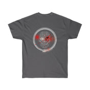 The image shows the back of a dark gray, unisex Serpent Splatter Skull Tee with a circular design featuring an intricate pattern surrounding a central skull. There are red splatter details on and around the skull, making it one of our standout skull designs. This tee from Urban SoulShine & Co is also sustainably sourced.