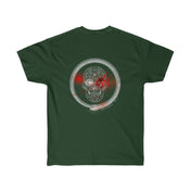 A dark green unisex ultra cotton tee featuring a circular design with a skull in the center. The skull is surrounded by intricate patterns and red splatters, making it one of the standout Serpent Splatter Skull Tee (unisex) designs by Urban SoulShine & co.