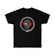 A black Serpent Splatter Skull Tee (unisex) from Urban SoulShine & co with a circular, intricate design on the back. The design features a stylized skull in white, surrounded by detailed patterns and adorned with red accents. Made from sustainably sourced materials.