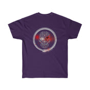 A purple unisex Ultra Cotton Tee featuring an intricate white circular design on the back, with a skull in the center and red accents. This sustainably sourced t-shirt blends style and ethics effortlessly, known as the Serpent Splatter Skull Tee (unisex) by Urban SoulShine & co.