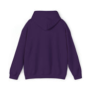 A plain purple hoodie is displayed with the back facing towards the viewer. The hoodie features a hood, long sleeves, and a relaxed fit. Embrace your individuality with this Stay Spooky Funky Faces Halloween Hoodie (unisex) by Printify, perfect for those who love to express yourself. There are no visible designs or logos on the hoodie.