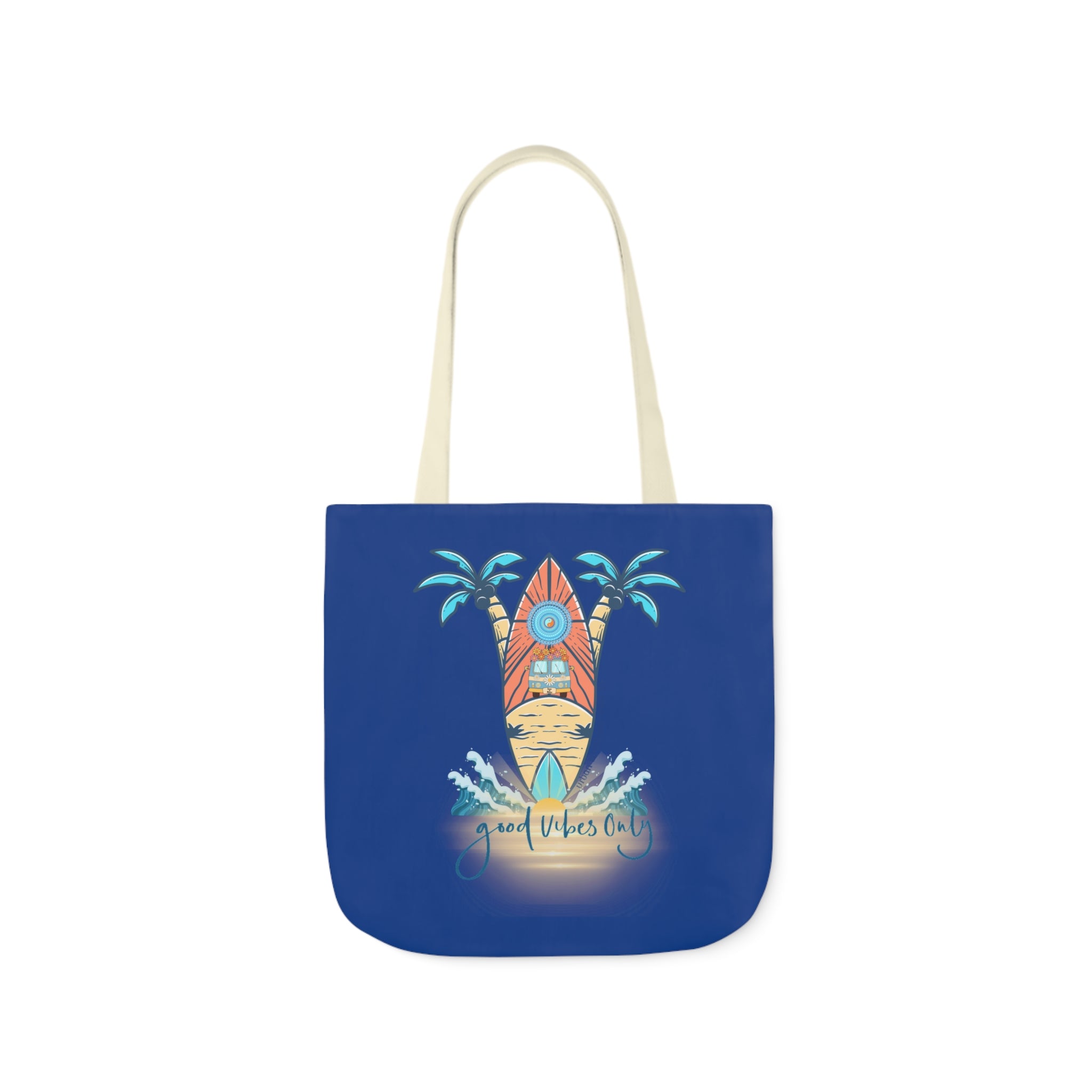 The Surf's Up Good Vibes Only Beach Tote by Urban SoulShine & co features a lightweight blue design with cream handles and a graphic of a surfboard, two palm trees, waves, and a sun. The text "Good Vibes Only" is written below the graphic in a casual font. Made from durable polyester canvas, it includes comfortable straps for easy carrying.