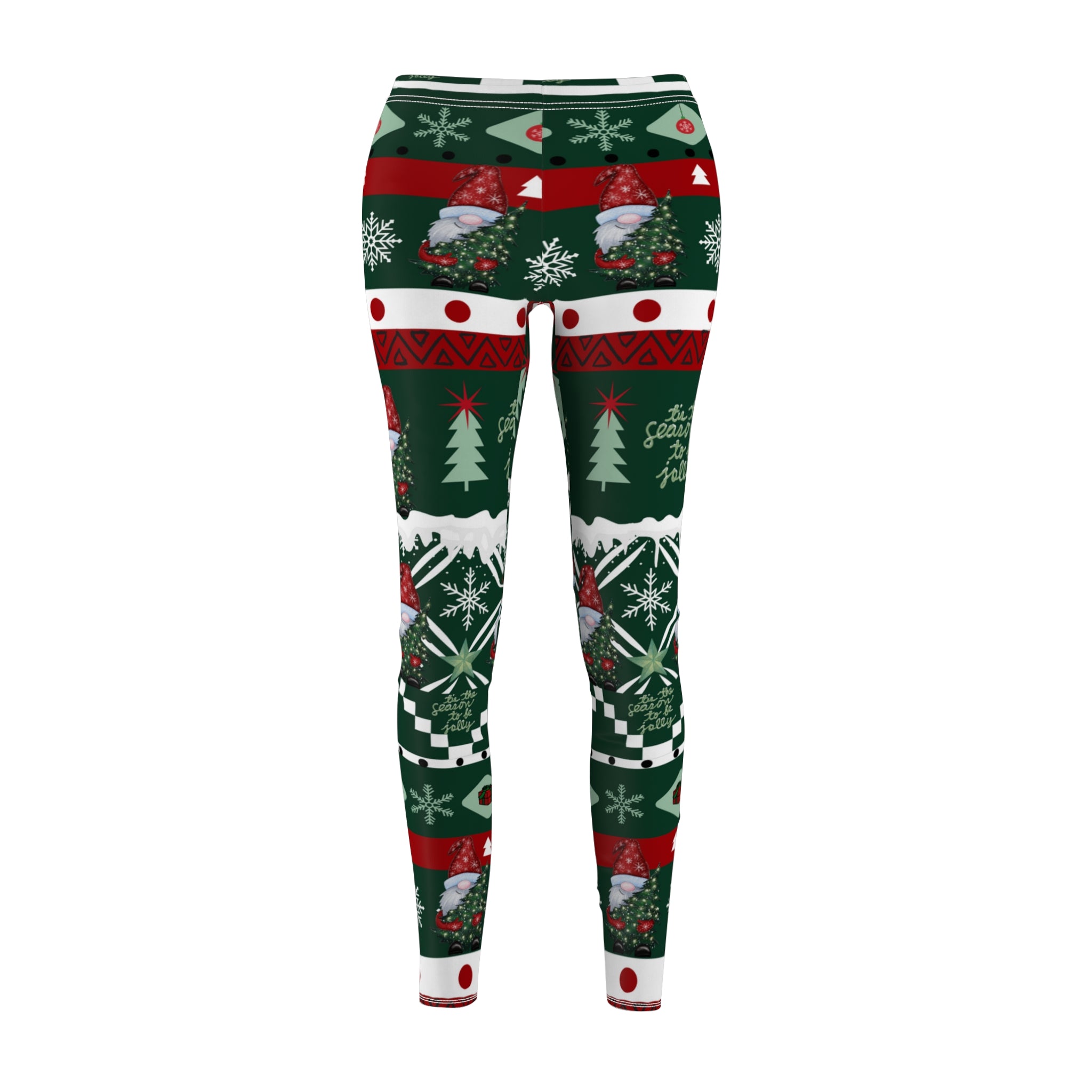 Introducing the Urban SoulShine & co "Tis' the Season To Be Jolly Gnome" SuperSoft Casual Leggings, adorned with a festive Christmas design of snowflakes, trees, gnomes, and geometric shapes in red, green, white, and black. These leggings are perfect for complementing your favorite ugly Christmas sweater and fully embracing the holiday spirit.