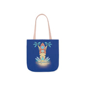 The Surf's Up Good Vibes Only Beach Tote by Printify features a colorful illustration of a surfboard with a sunset, palm trees, and ocean waves. The words "Good Vibes Only" are written in a cursive font below the design, inspiring you to express yourself. The bag has light pink handles.