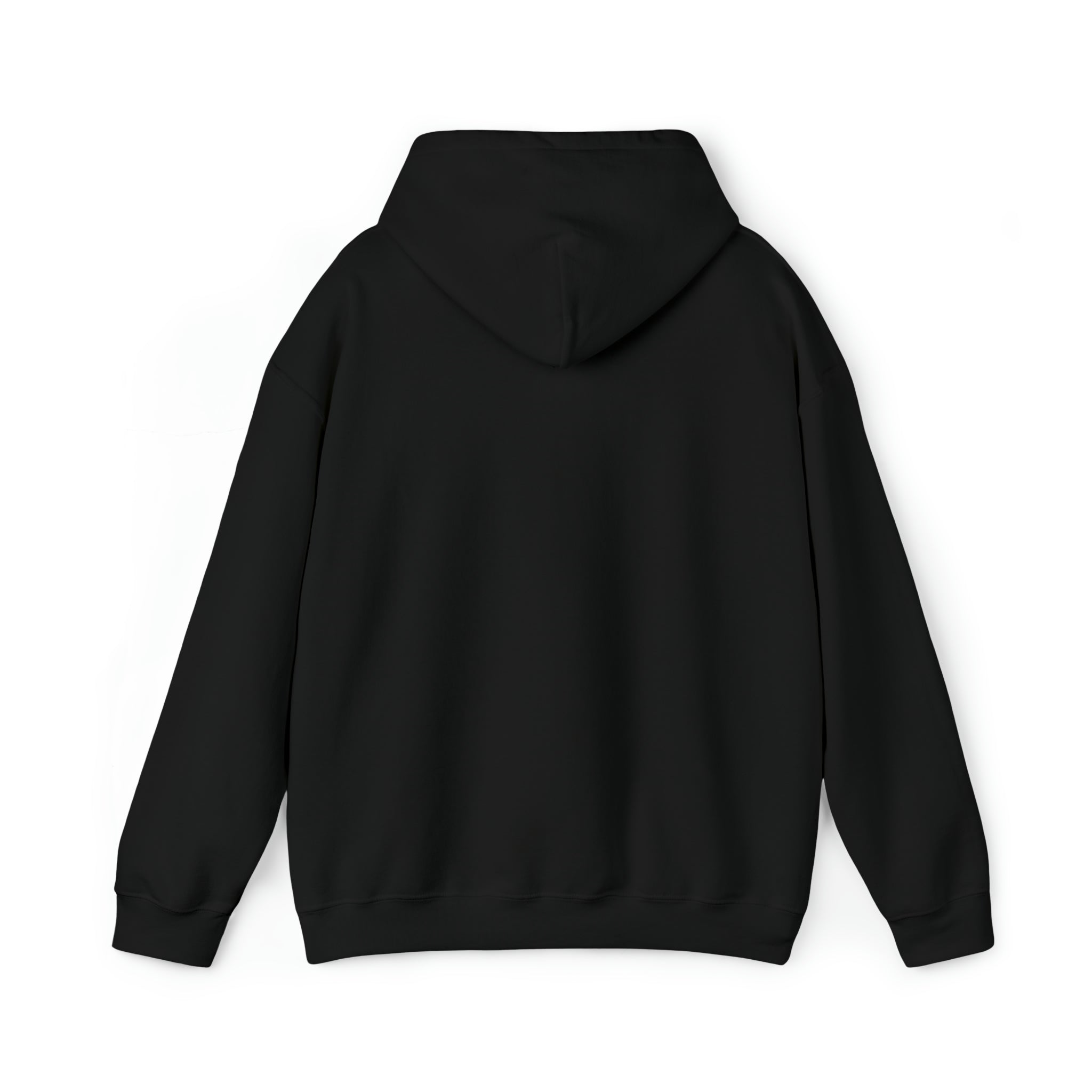 A black hooded sweatshirt is shown from the back. The Stay Spooky Funky Faces Halloween Hoodie (unisex) by Printify features a plain design with long sleeves and a hood. The fabric appears smooth and is devoid of any logos, designs, or text, making it perfect if you want to express yourself through simple yet inspirational wear.