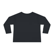 A Plain black long-sleeve shirt is shown from the back. The Too Cute To Spook Halloween Toddler Long Sleeve Tee (unisex Tot) by Printify has a regular fit with a simple crew neck design and no visible logos or graphics, perfect for those who love artistic expression. The sleeves are cuffed at the wrist.