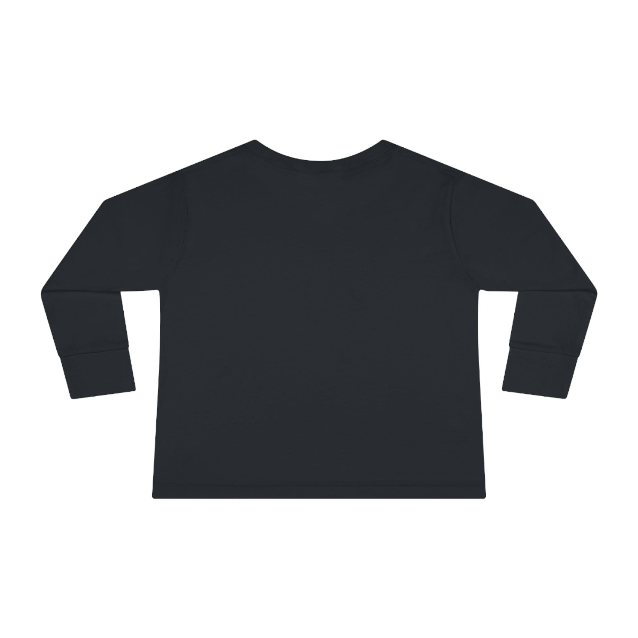 A Plain black long-sleeve shirt is shown from the back. The Too Cute To Spook Halloween Toddler Long Sleeve Tee (unisex Tot) by Printify has a regular fit with a simple crew neck design and no visible logos or graphics, perfect for those who love artistic expression. The sleeves are cuffed at the wrist.