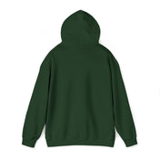 The image shows the back view of a plain, green Stay Spooky Funky Faces Halloween Hoodie (unisex). The hood is up and the sleeves are long. The fabric appears soft, and the hoodie has a relaxed fit with no visible logos, patterns, or designs. It's perfect for those who appreciate understated style and want to express yourself through comfort. This stylish piece is brought to you by Printify.