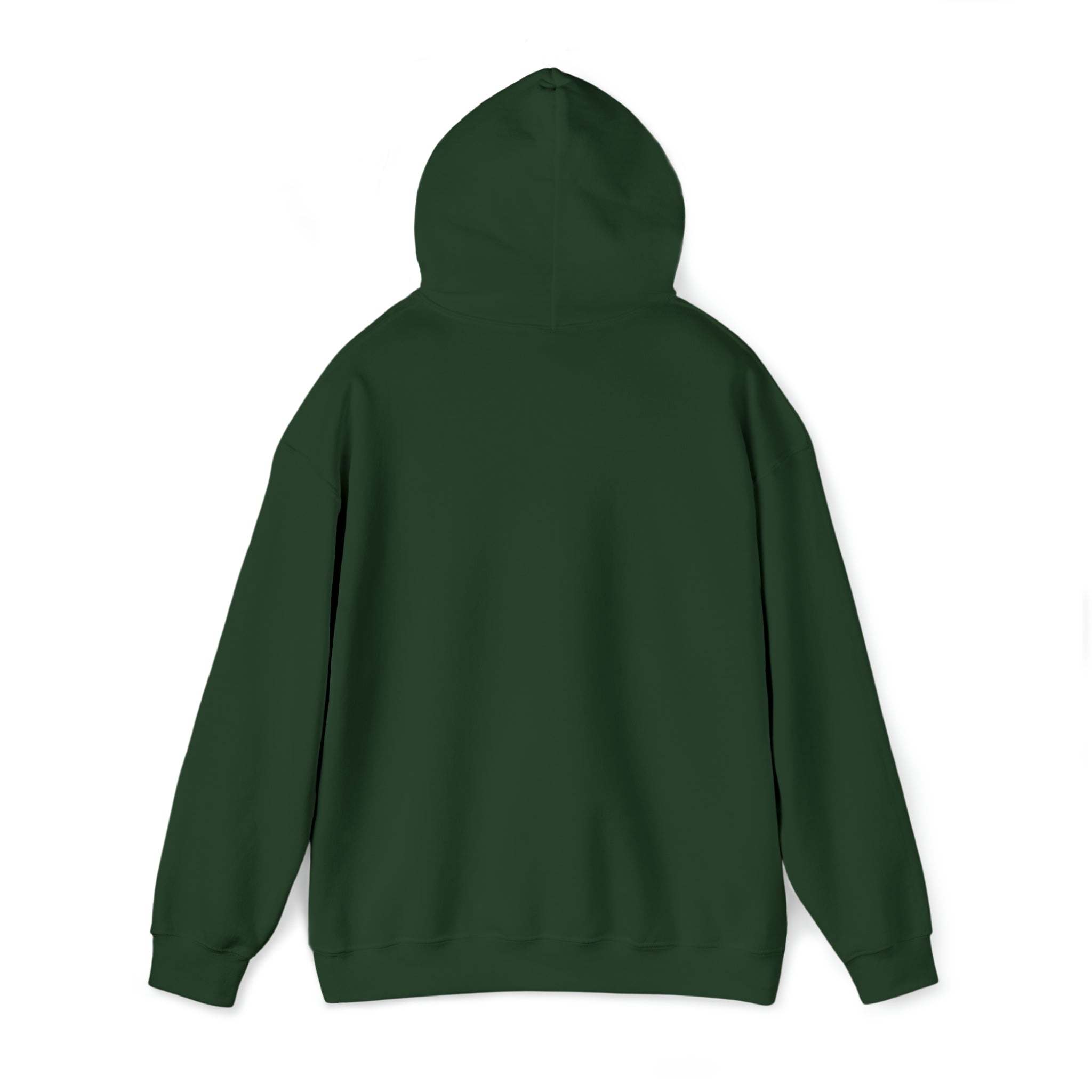 The image shows the back view of a plain, green Stay Spooky Funky Faces Halloween Hoodie (unisex). The hood is up and the sleeves are long. The fabric appears soft, and the hoodie has a relaxed fit with no visible logos, patterns, or designs. It's perfect for those who appreciate understated style and want to express yourself through comfort. This stylish piece is brought to you by Printify.