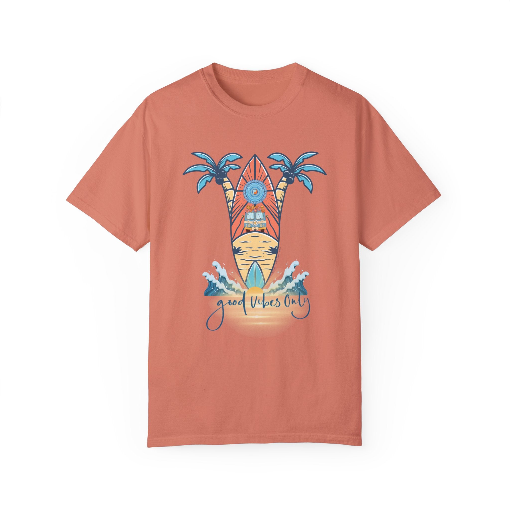 A Printify Surf's Up! Good Vibes Only Tee (Unisex) features a design of two blue and brown palm trees with a surfboard between them, rising from waves. The phrase "Good Vibes Only" is written below the imagery in a casual script font, capturing an artistic expression.