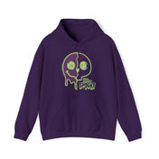 The **Stay Spooky Funky Faces Halloween Hoodie (unisex) by Printify** features a purple design showcasing a neon green broken smiley face with one cross and one circle-shaped eye, and green liquid dripping from the face. The words "Stay Spooky" are written in green below the smiley face, offering a unique artistic expression to inspire you to express yourself boldly.