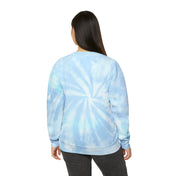 A person with long dark hair is standing with their back to the camera. They are wearing an Urban SoulShine & co Surf's Up Good Vibes Only Tie-Dye Sweatshirt (unisex) made from pre-shrunk PFD cotton and dark pants. The background is plain white.